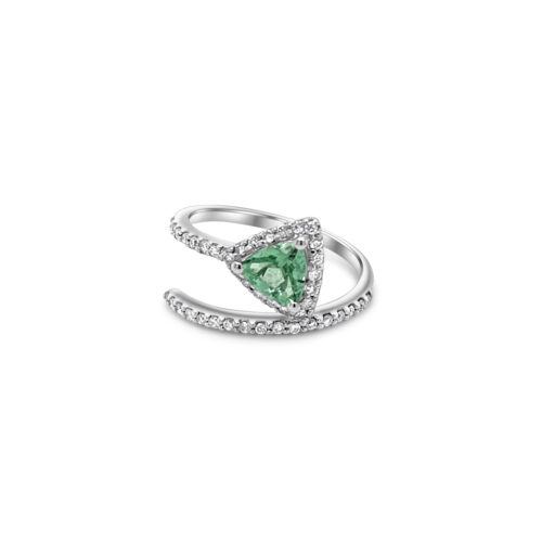 Trillion cut tourmaline ring, diamond accent ring, exquisite gemstone jewelry, luxurious trillion cut ring, vibrant tourmaline centerpiece, sparkling diamond embellishments, elegant gemstone and diamond ring, stunning trillion cut tourmaline, dazzling diamond accents, opulent tourmaline and diamond jewelry.