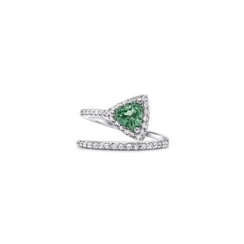 Trillion cut tourmaline ring, diamond accent ring, exquisite gemstone jewelry, luxurious trillion cut ring, vibrant tourmaline centerpiece, sparkling diamond embellishments, elegant gemstone and diamond ring, stunning trillion cut tourmaline, dazzling diamond accents, opulent tourmaline and diamond jewelry.