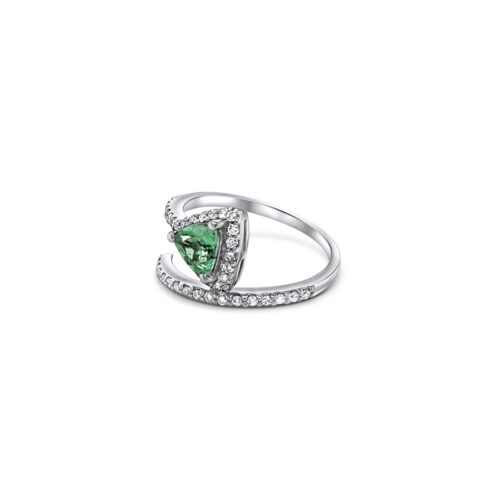Trillion cut tourmaline ring, diamond accent ring, exquisite gemstone jewelry, luxurious trillion cut ring, vibrant tourmaline centerpiece, sparkling diamond embellishments, elegant gemstone and diamond ring, stunning trillion cut tourmaline, dazzling diamond accents, opulent tourmaline and diamond jewelry.